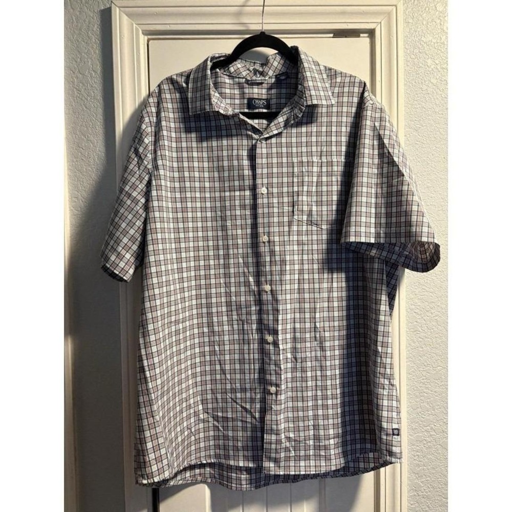 Chaps Mens 2XL Shirt Blue Salmon Plaid Check Short‎ Sleeve Button-Down Easy Care